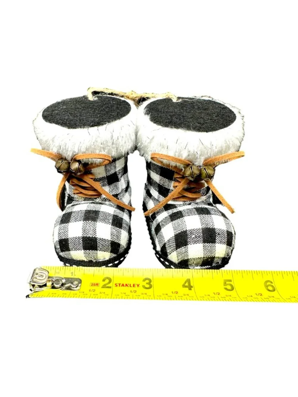 Christmas Holiday Santa Boots Ornament Buffalo Plaid Check Faux Fur Trim Bells